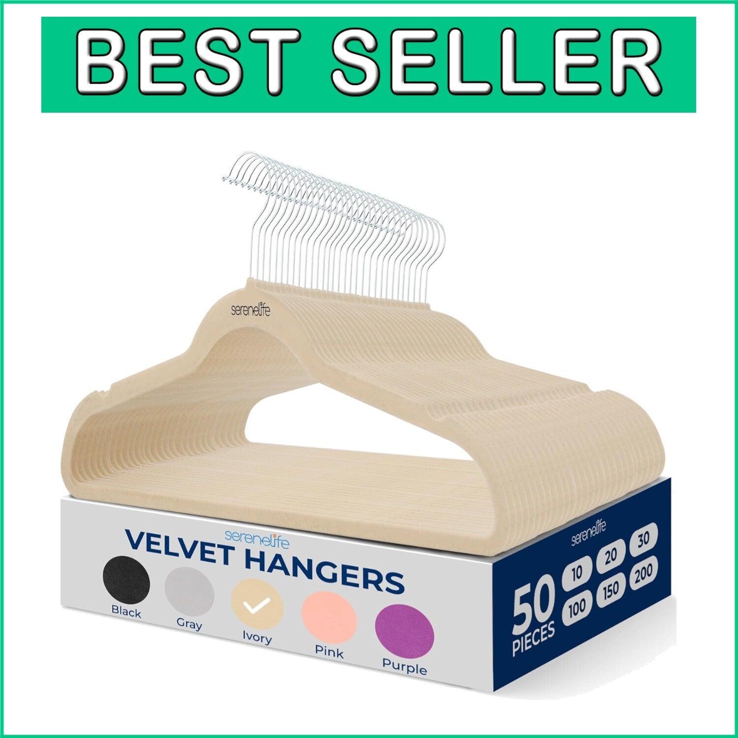 50 Pack Ivory Velvet Hangers - Non-Slip with 360° Swivel Hook - Space-Saving ...