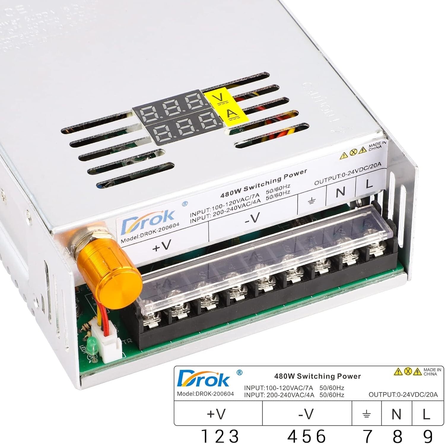 480W Adjustable Power Supply with Dual LED Display, 20A Current Capacity