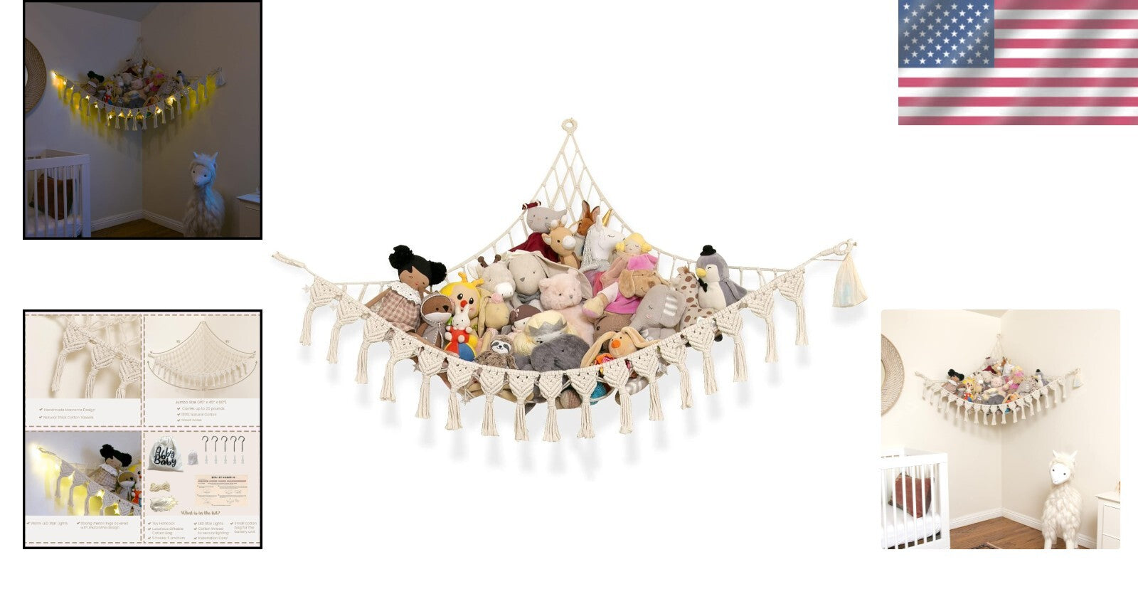 Extra Large Natural Cotton Stuffed Animal Hammock with LED Lights - Boho Storage