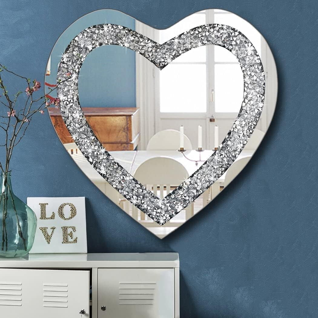 Stunning 24" Frameless Heart-Shaped Mirror with Acrylic Diamonds - Home Decor