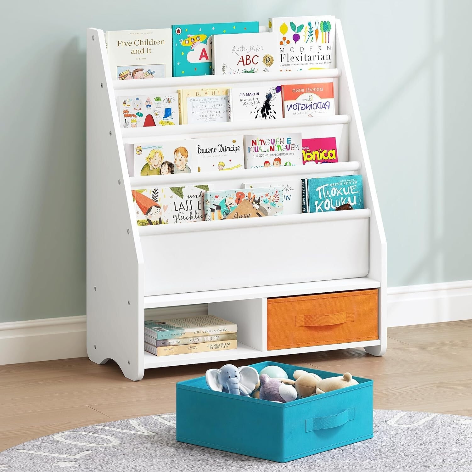 Montessori-Style Kids Bookshelf with 2 Removable Bins for Easy Accessibility