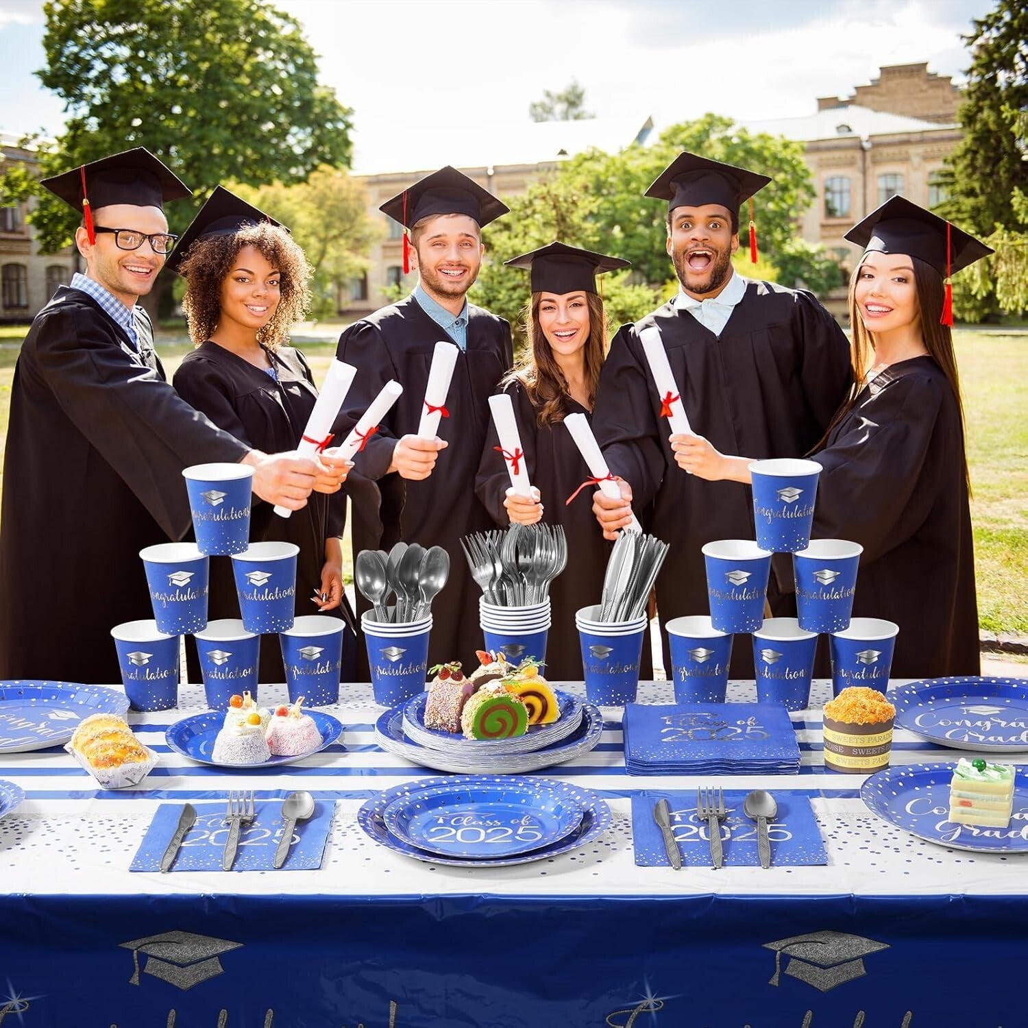 Elegant Blue & Silver Graduation Plate and Napkin Set for Class of 2025 Parties