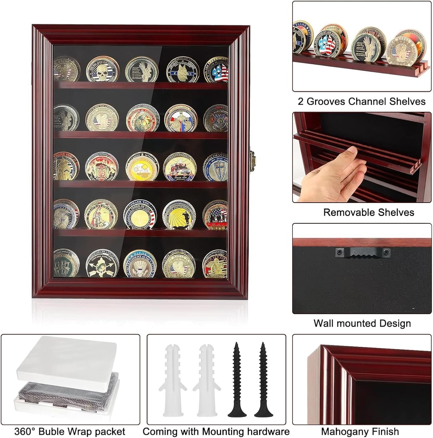 Handcrafted Mahogany Challenge Coin Case with HD Glass - Perfect Gift for Heroes