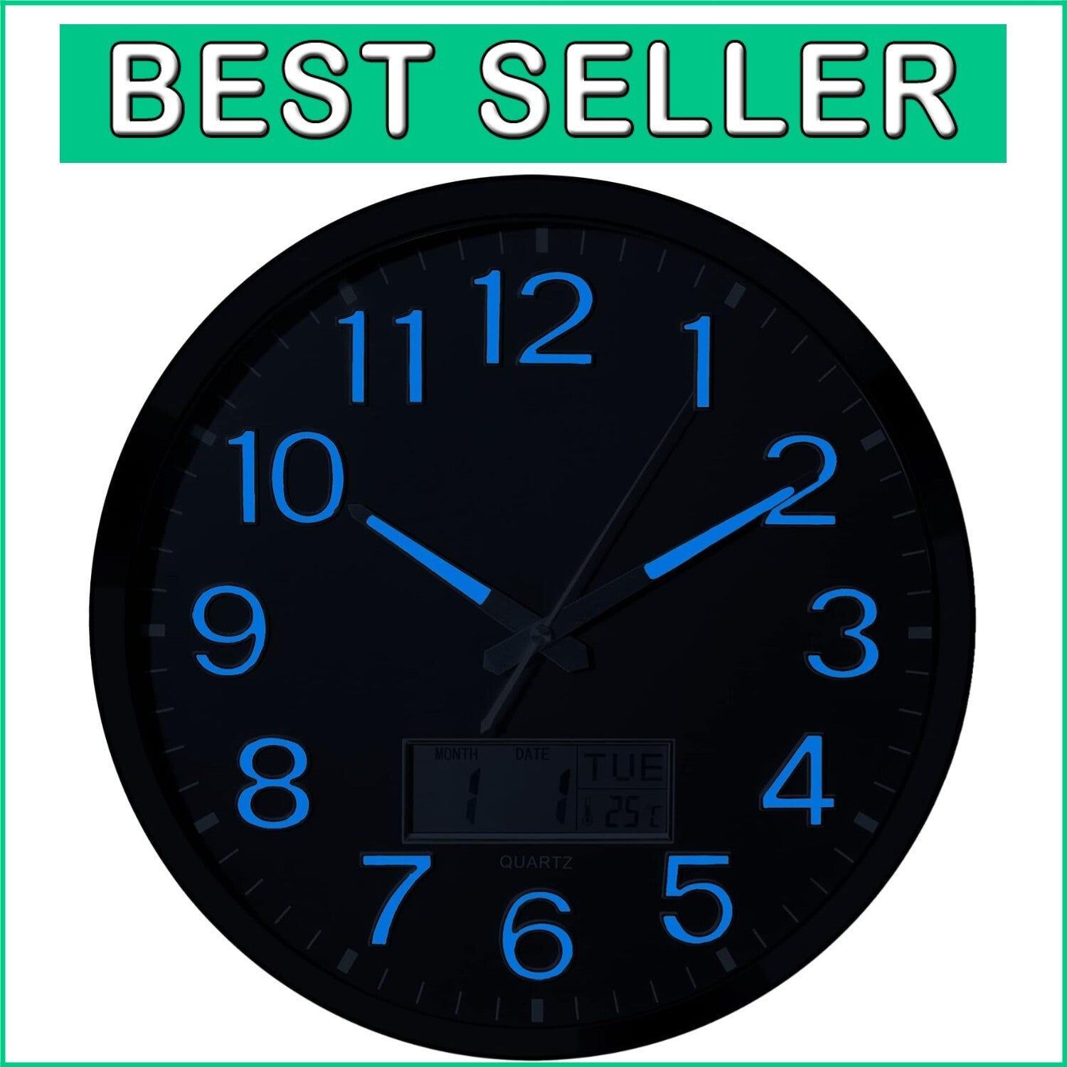 Elegant 14-Inch Battery Operated Wall Clock with Glowing Features & Temp Display