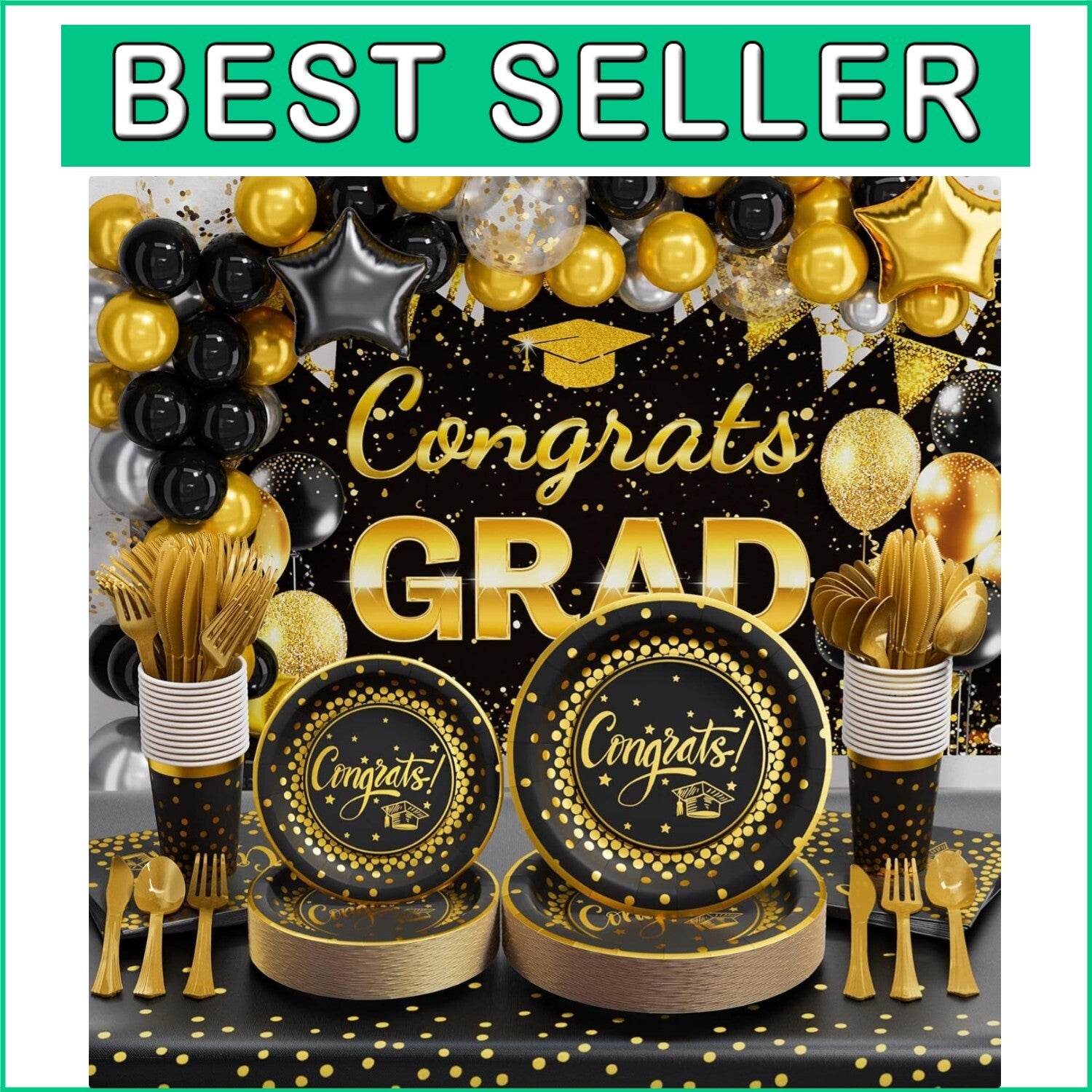 Elegant 245 PCS Black & Gold Graduation Decorations - Serves 25 Guests with Ease