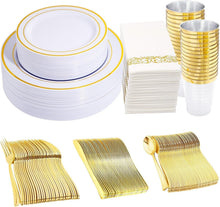 Load image into Gallery viewer, Elegant 350-Piece Gold Plastic Dinnerware Set for 50 Guests - Complete Party Kit