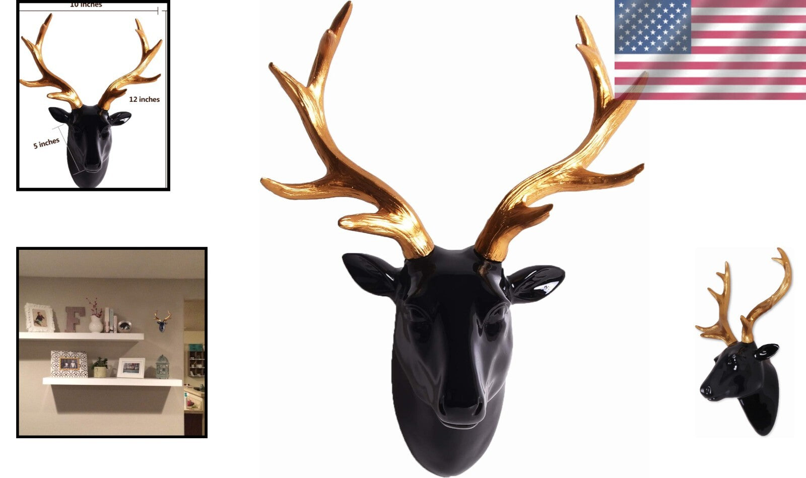 Lightweight Black Faux Deer Head with Gold Antlers - Perfect for Unique Wall Art