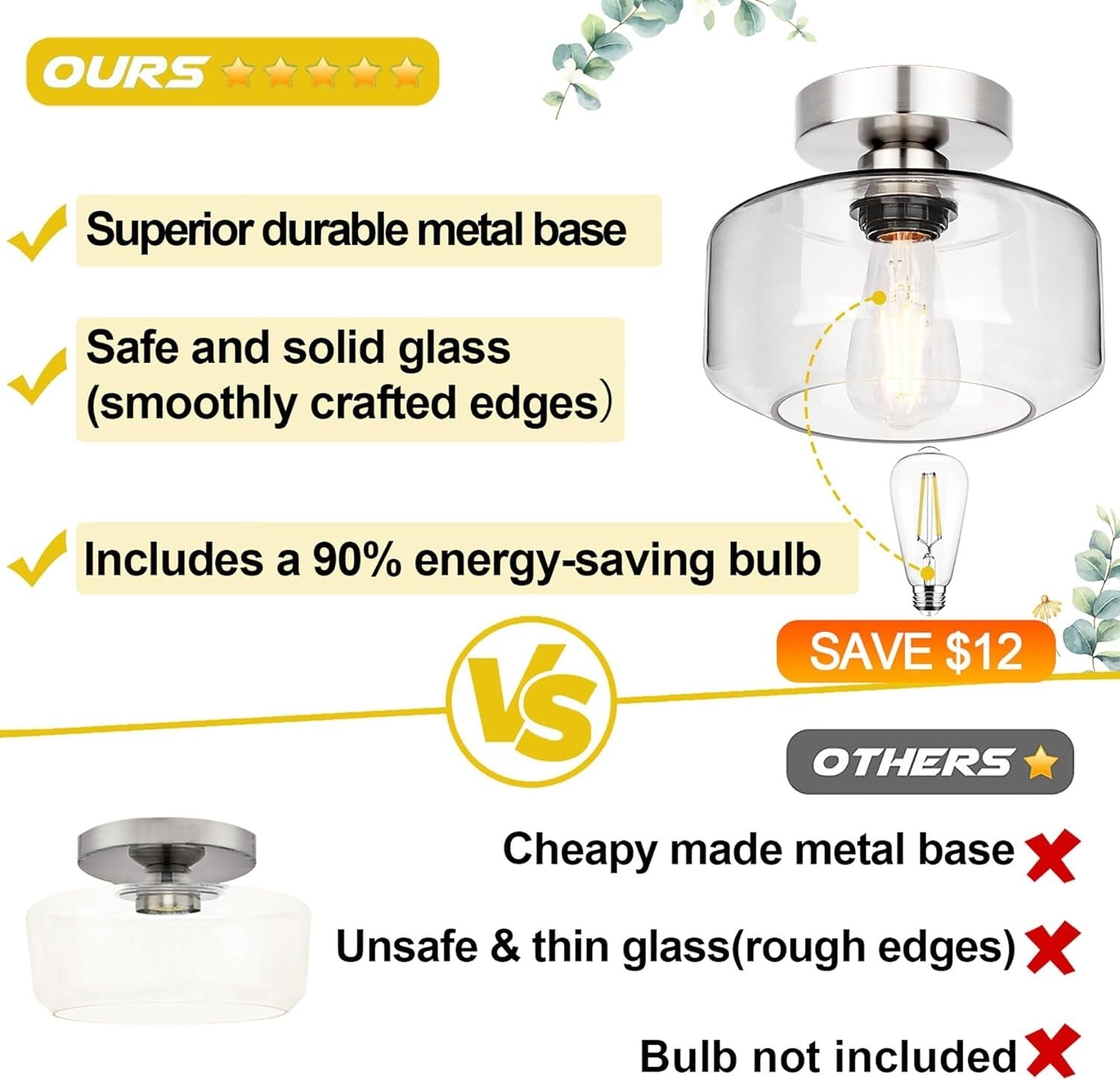 Semi Flush Mount Industrial Ceiling Light with Clear Glass and Brushed Nickel