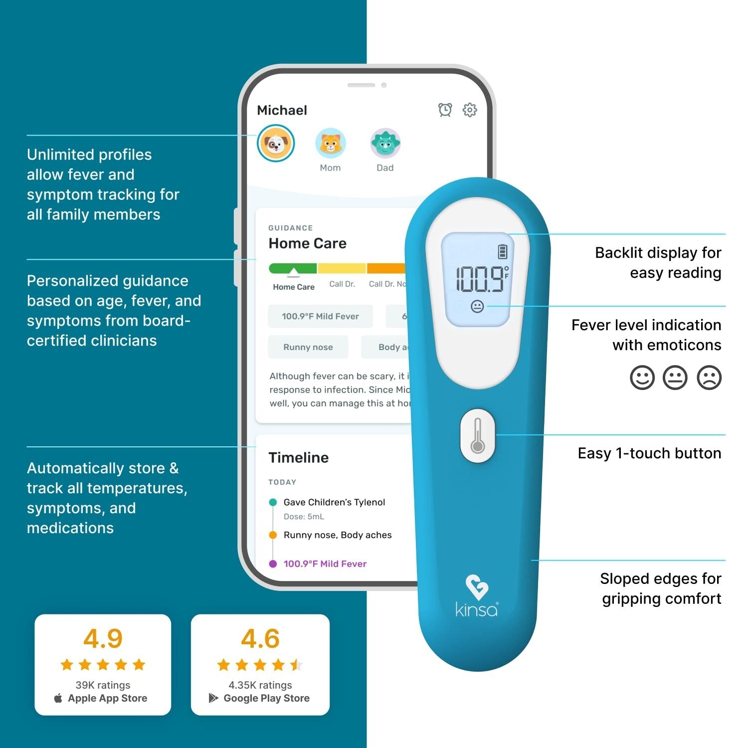 FDA-Cleared Digital Forehead Thermometer with App for Family Health Tracking