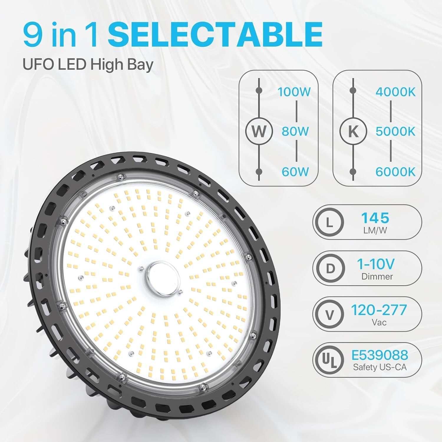 Energy Efficient 100W High Bay UFO LED Light - 14500Lumen, Hook Mount, Dimmable