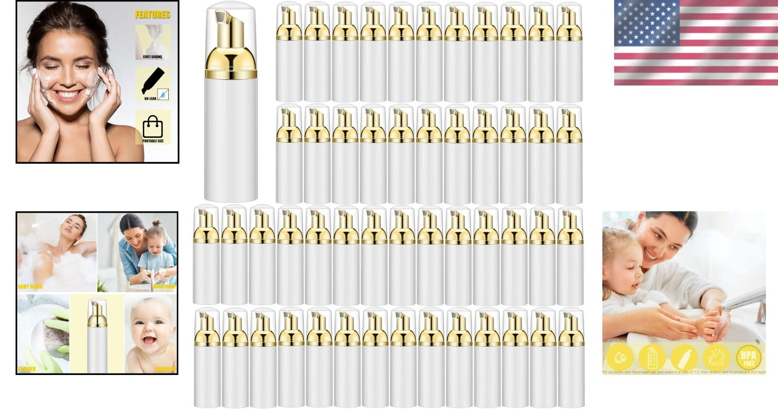 Elegant 50-Pack White Foaming Dispensers with Gold Pump - Perfect for Travel