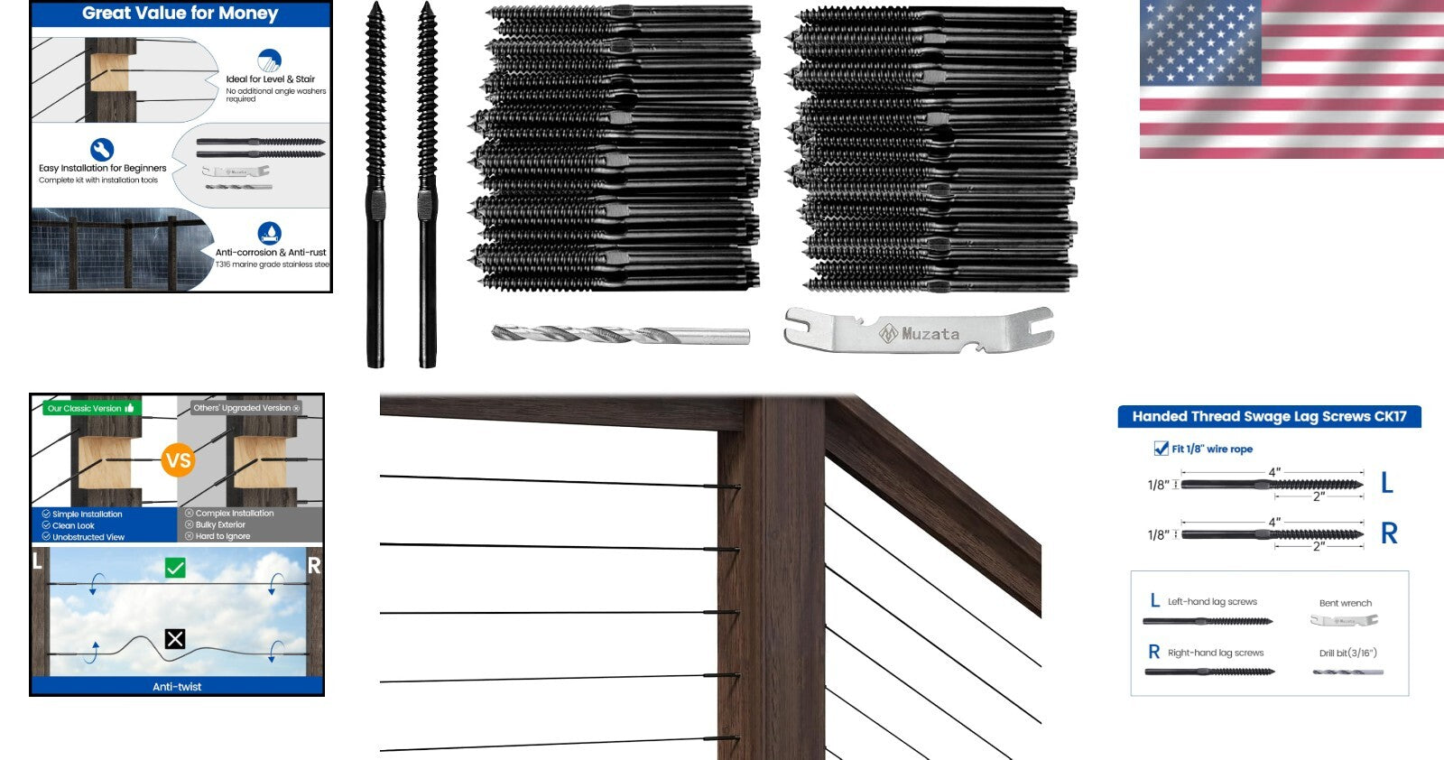 Durable 120 Pack 1/8" Railing Kit - Minimalist Black Aesthetic for Any Space