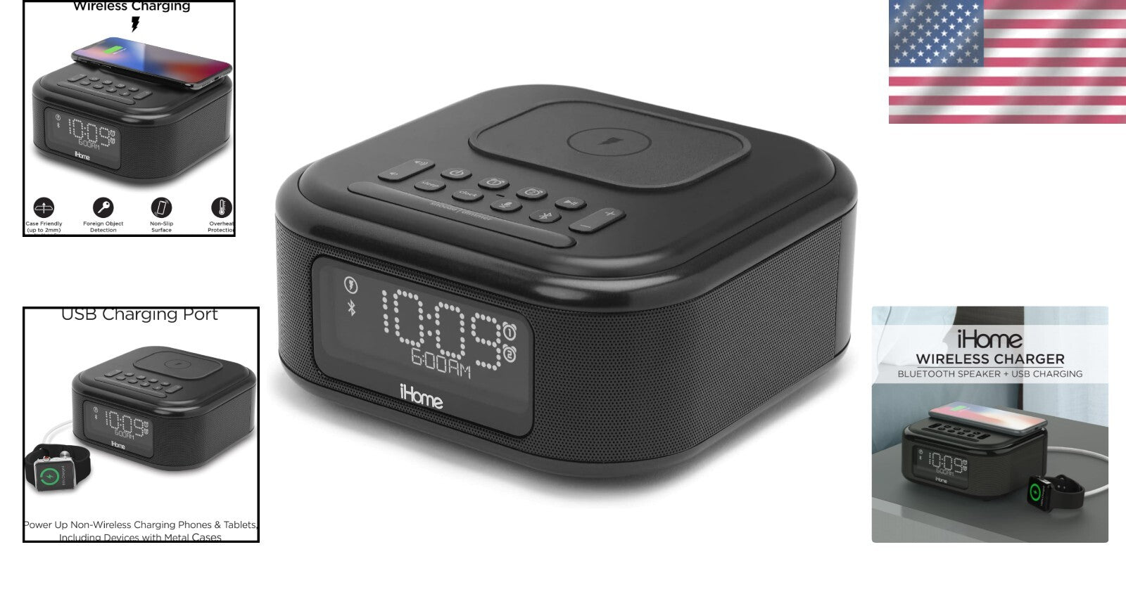 Multifunctional Alarm Clock with Wireless Charging Pad & Bluetooth Music Speaker