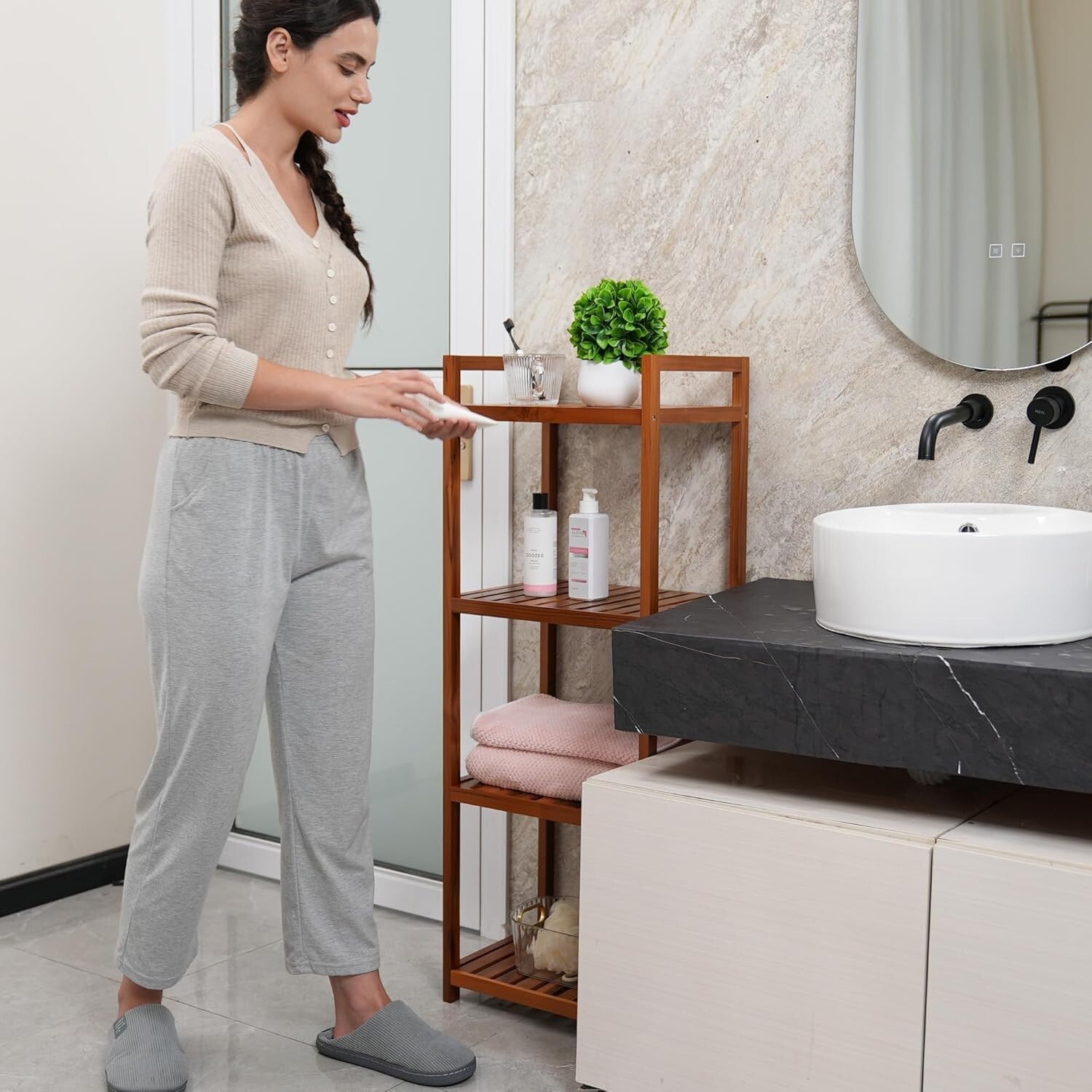 Elegant Freestanding Teak 4-Tier Bathroom and Kitchen Shelf - Easy Assembly