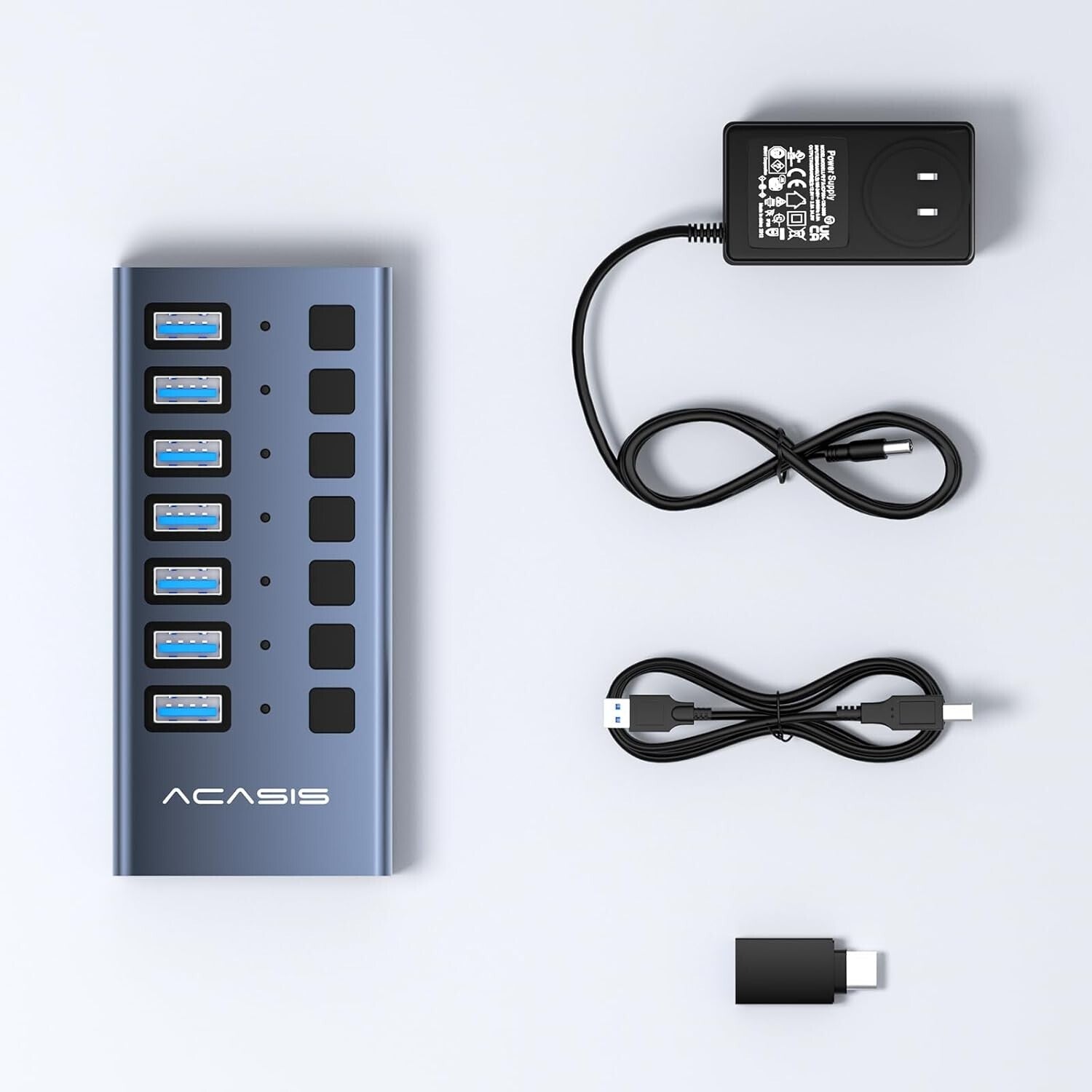 Powered USB 3.1 Hub: 7 High-Speed Ports with Switches for Safe Charging Needs
