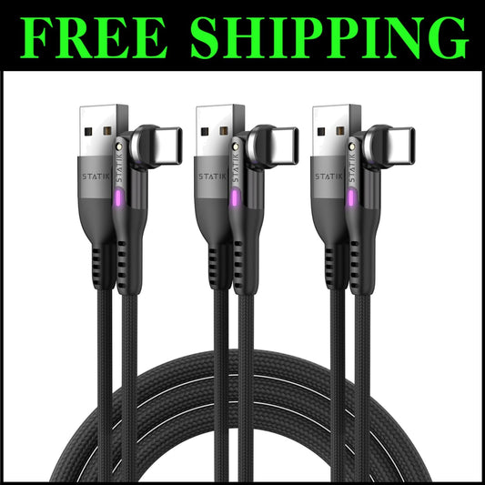 Durable Nylon Braided USB-C Charger 90° Right Angle with LED Indicator, 3-Pack