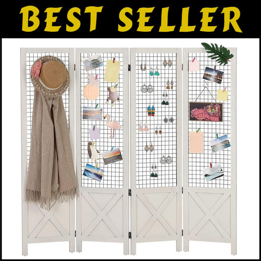 Multi-Use White Wood Room Divider & Display Board - 4 Panel Freestanding Design