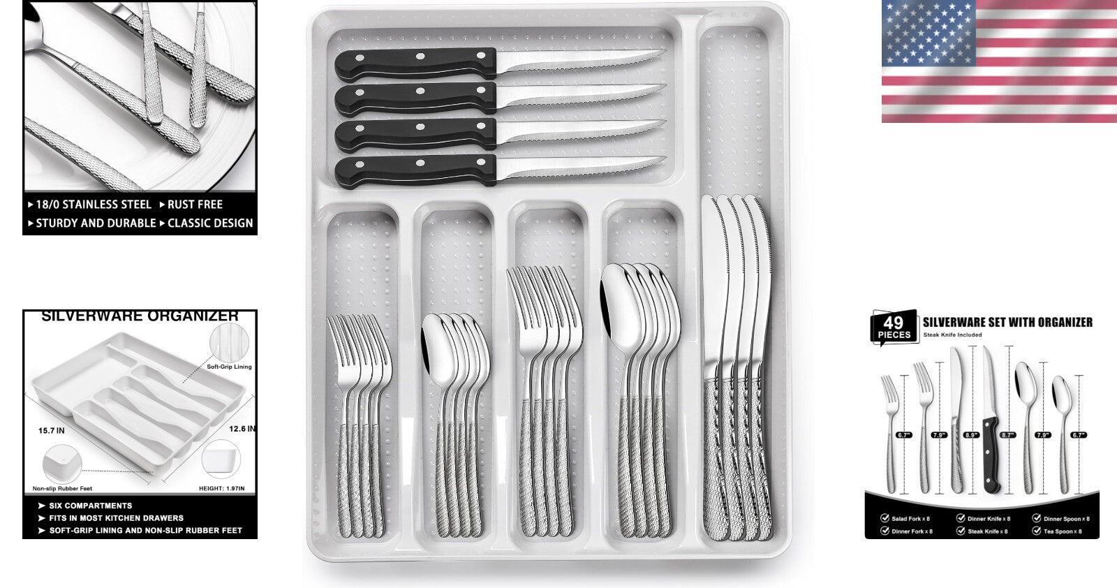 Elegant 49-Piece Flatware Set with Comfortable Handles & 6-Compartment Organizer
