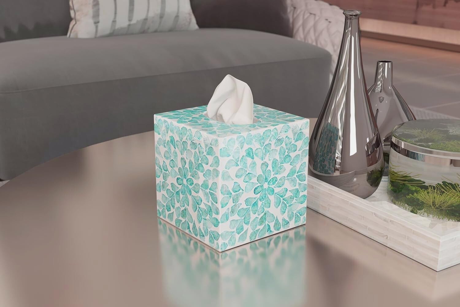 5.9-Inch Mother of Pearl Cube Tissue Box Cover - Rustic Teal Floral Decor