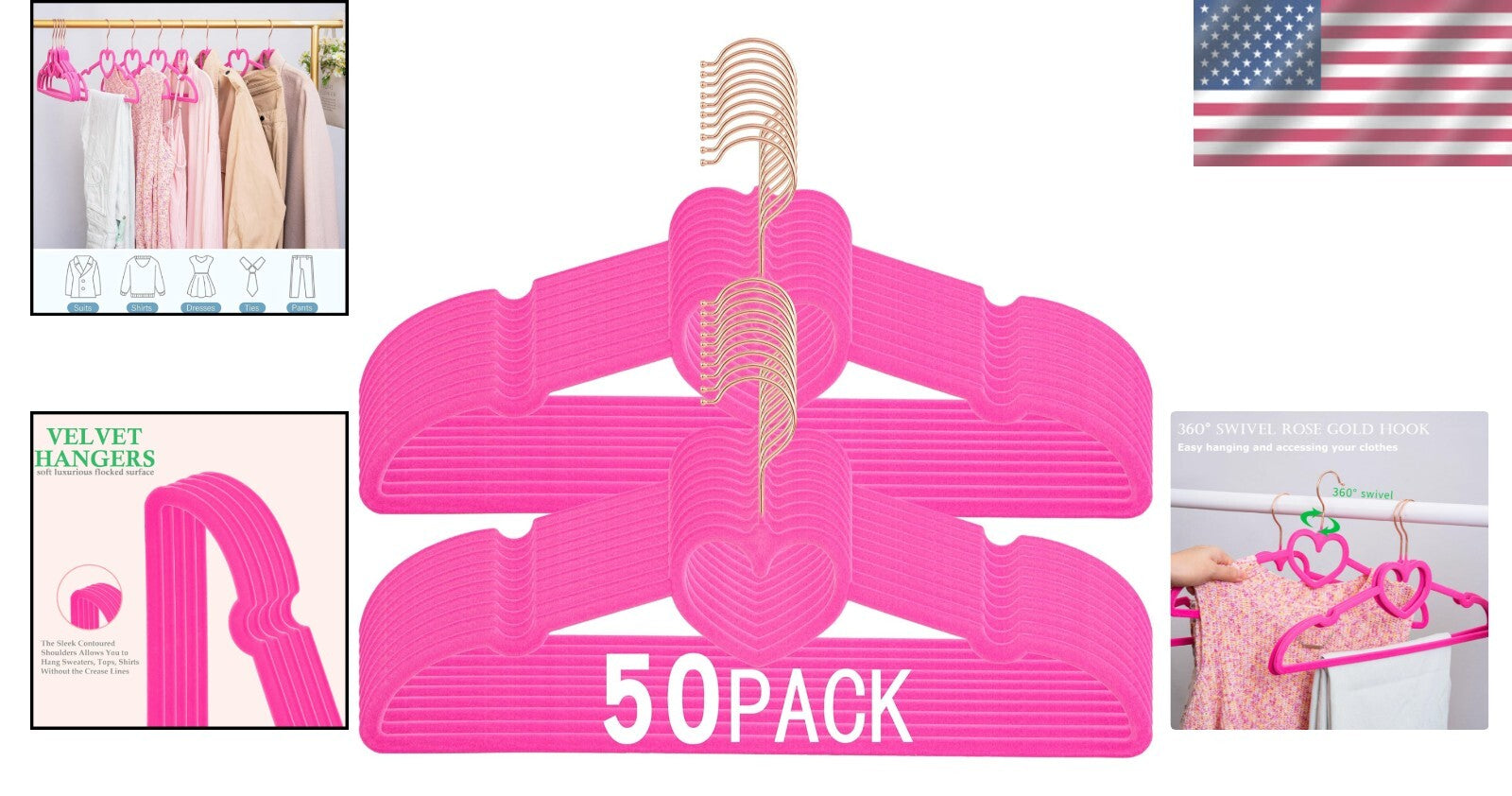 Premium Non-Slip Velvet Hangers 50 Pack - 360 Swivel Rose Gold Hooks, Hot Pink