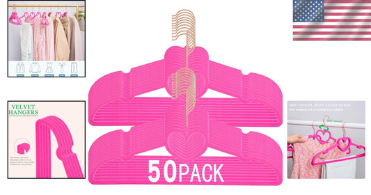 Premium Non-Slip Velvet Hangers 50 Pack - 360 Swivel Rose Gold Hooks, Hot Pink