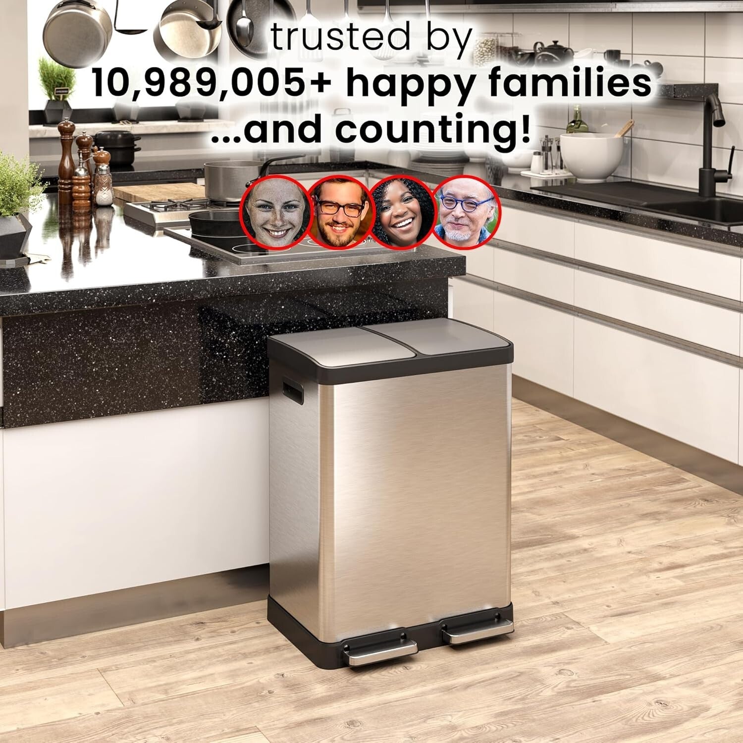 Elegant 16-Gallon Stainless Steel Dual Trash Can & Recycling Bin with Soft-Close