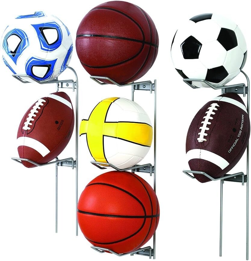 Space-Saving Silver 7-Ball Sports Rack for Efficient Garage Organization