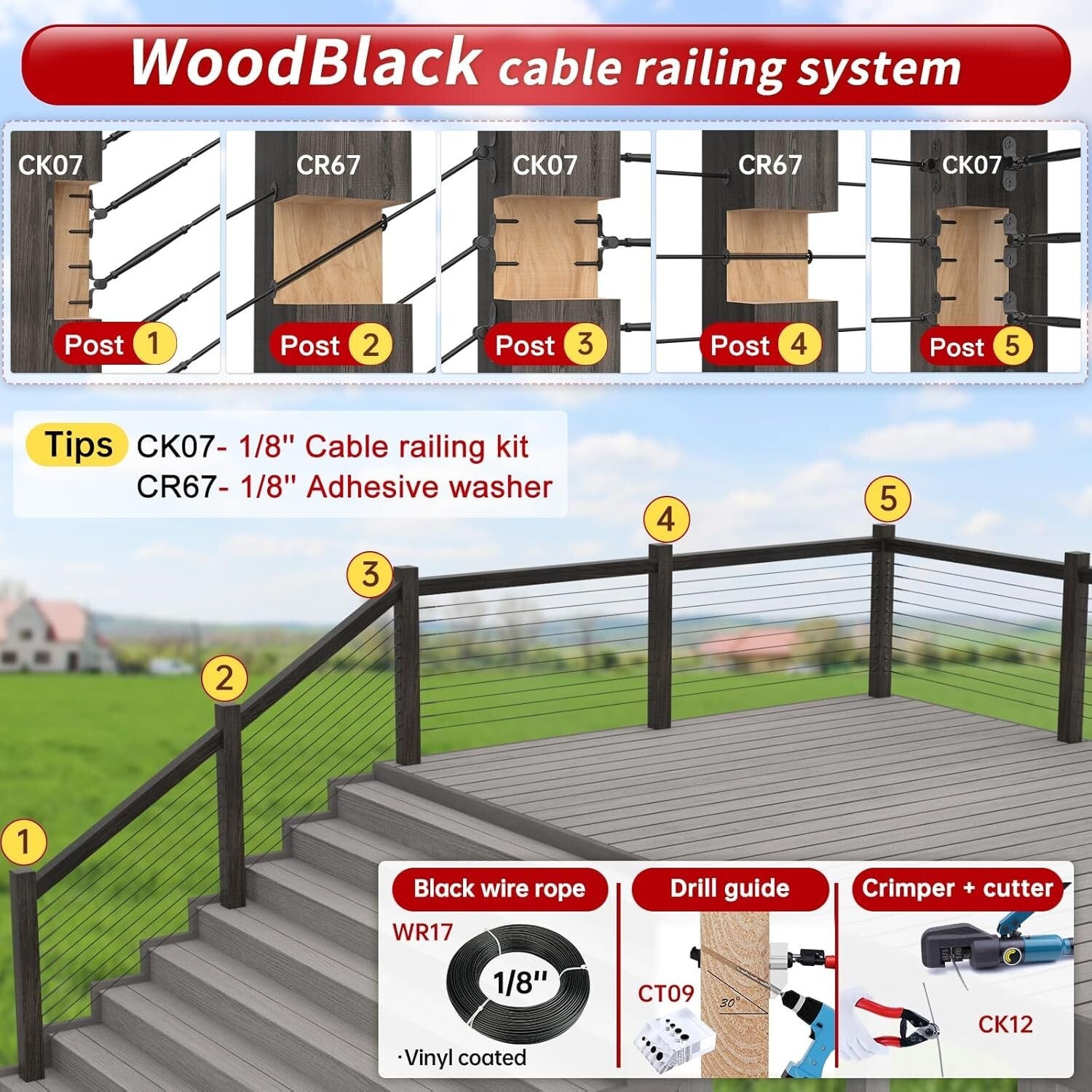 Multi-Angle 1/8" Cable Railing Hardware Kit - Stainless Steel Adjustable System