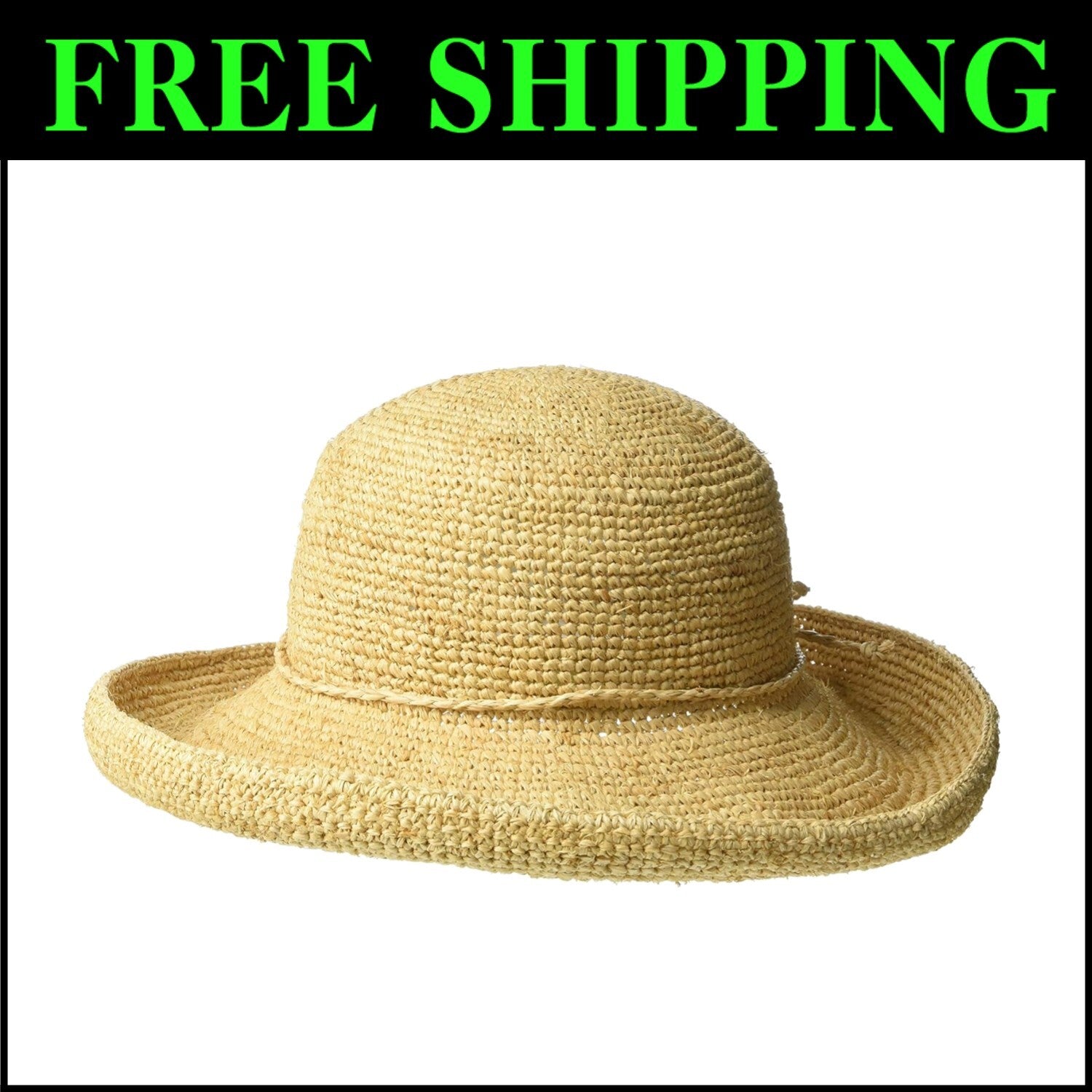 Elegant Packable Women's Crocheted Raffia Hat - Wide Brim 57cm Sun Protection
