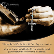 Load image into Gallery viewer, Unique 8-Inch Auto Clasp Rosary with Aquamarine Beads &amp; Silver Plate Crucifix