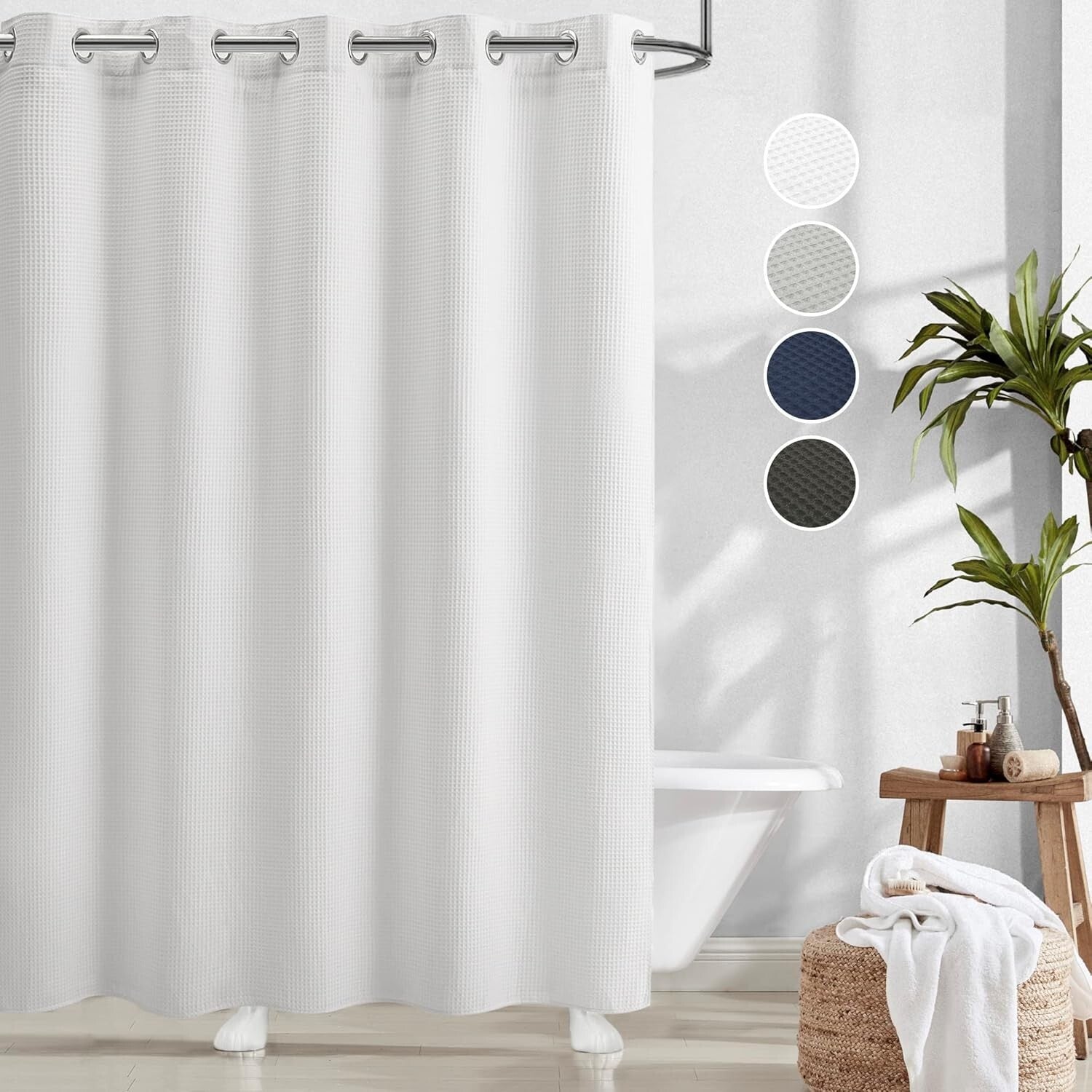 Elegant White Waffle Weave Shower Curtain Set - Machine Washable & No Hooks