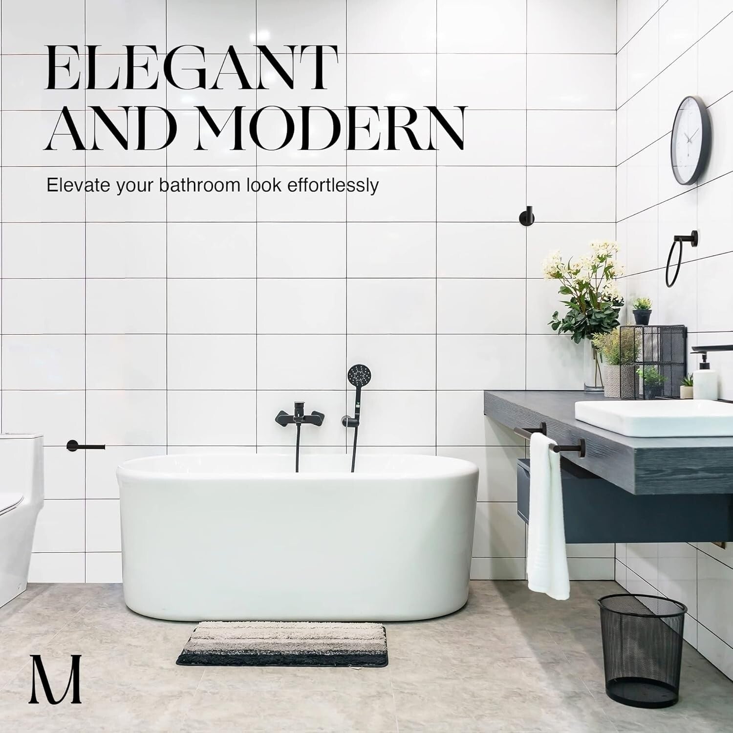 Effortless Wall-Mounted Bathroom Accessory Set - 4-Piece Matte Black Collection