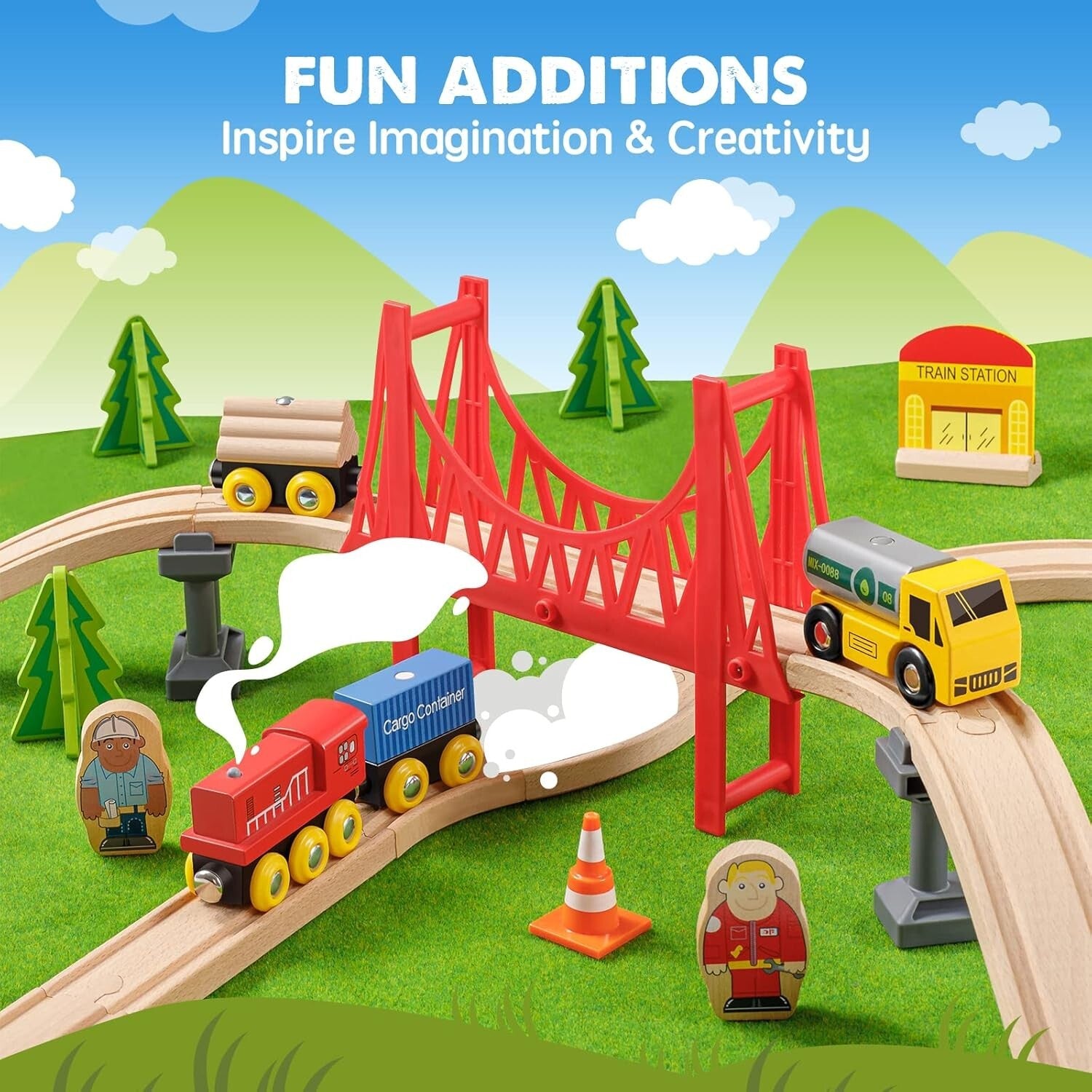 Educational Wooden Train Set with Crane - 55PCS for Toddlers & Kids