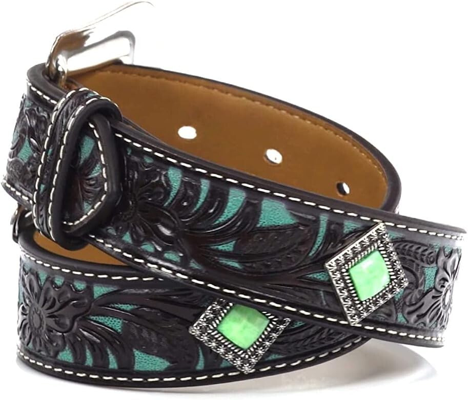 Comfortable Fit Girls' Leather Belt with Diamond Turquoise Conchos - Sizes 18-28