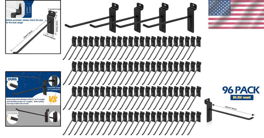 8-Inch Heavy Duty Matte Black Slatwall Hooks - 96-Pack for Versatile Storage