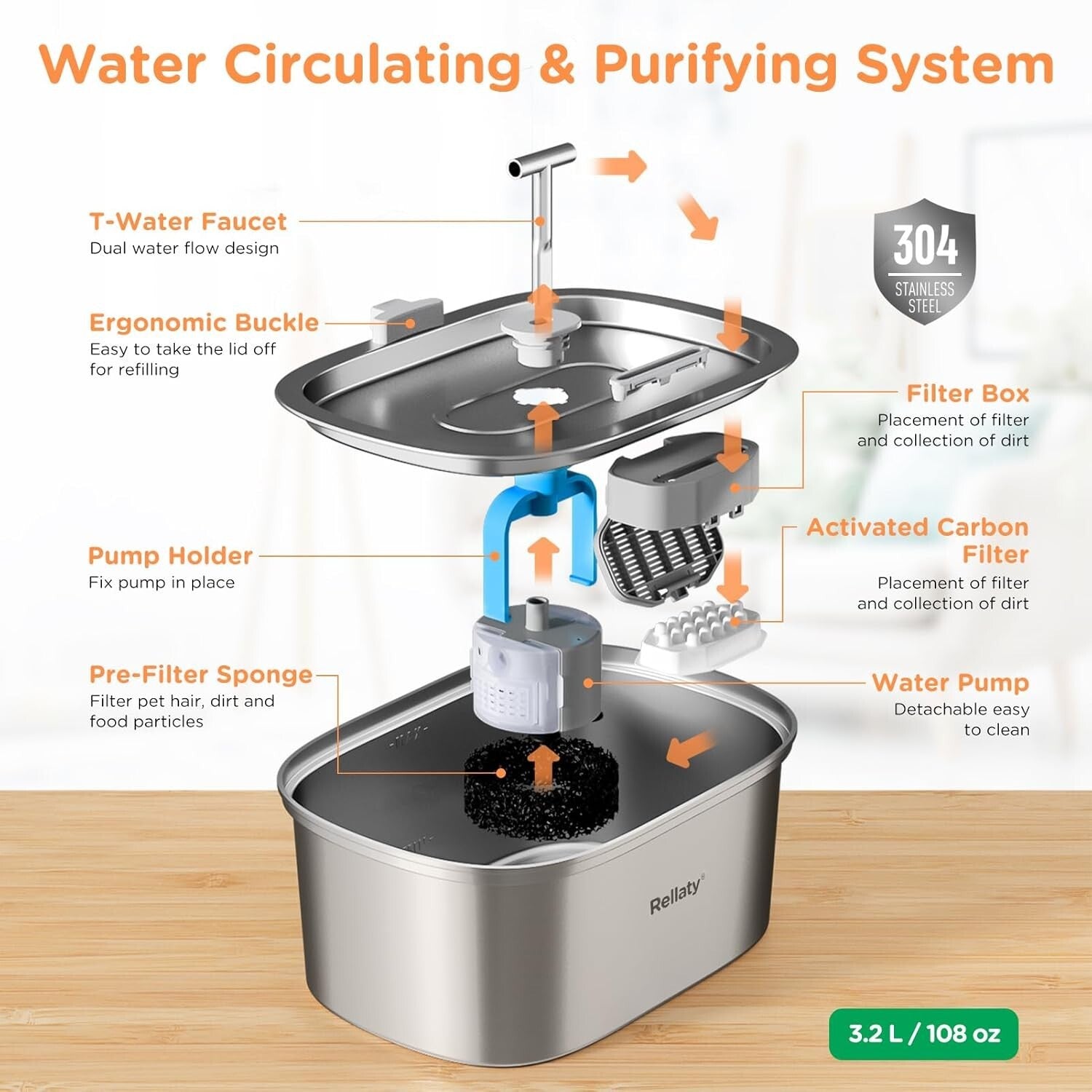 Pet Fountain Stainless Steel 3.2L: Quadruple Filtration & Clean Water Solution
