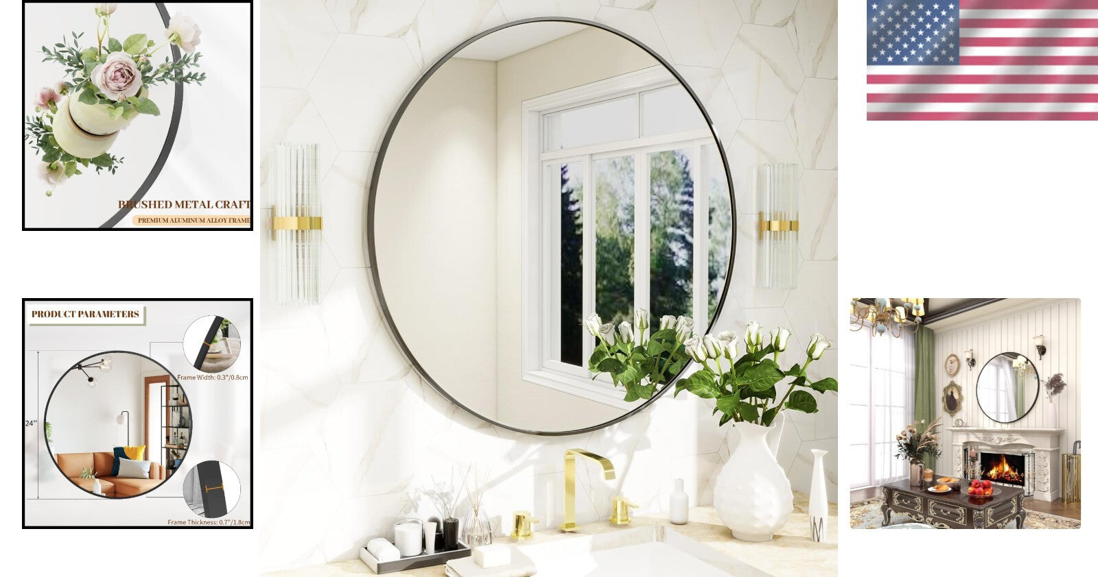 Elegant 24 Inch Round Mirror with Black Metal Frame for Modern Home Decor