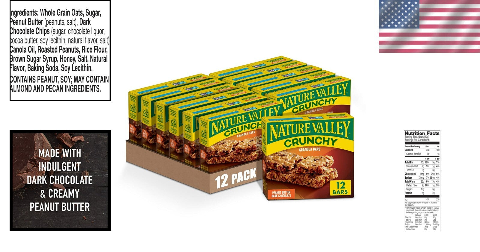 Crunchy Granola Bars - Peanut Butter & Dark Chocolate - Family Snack Pack of 12