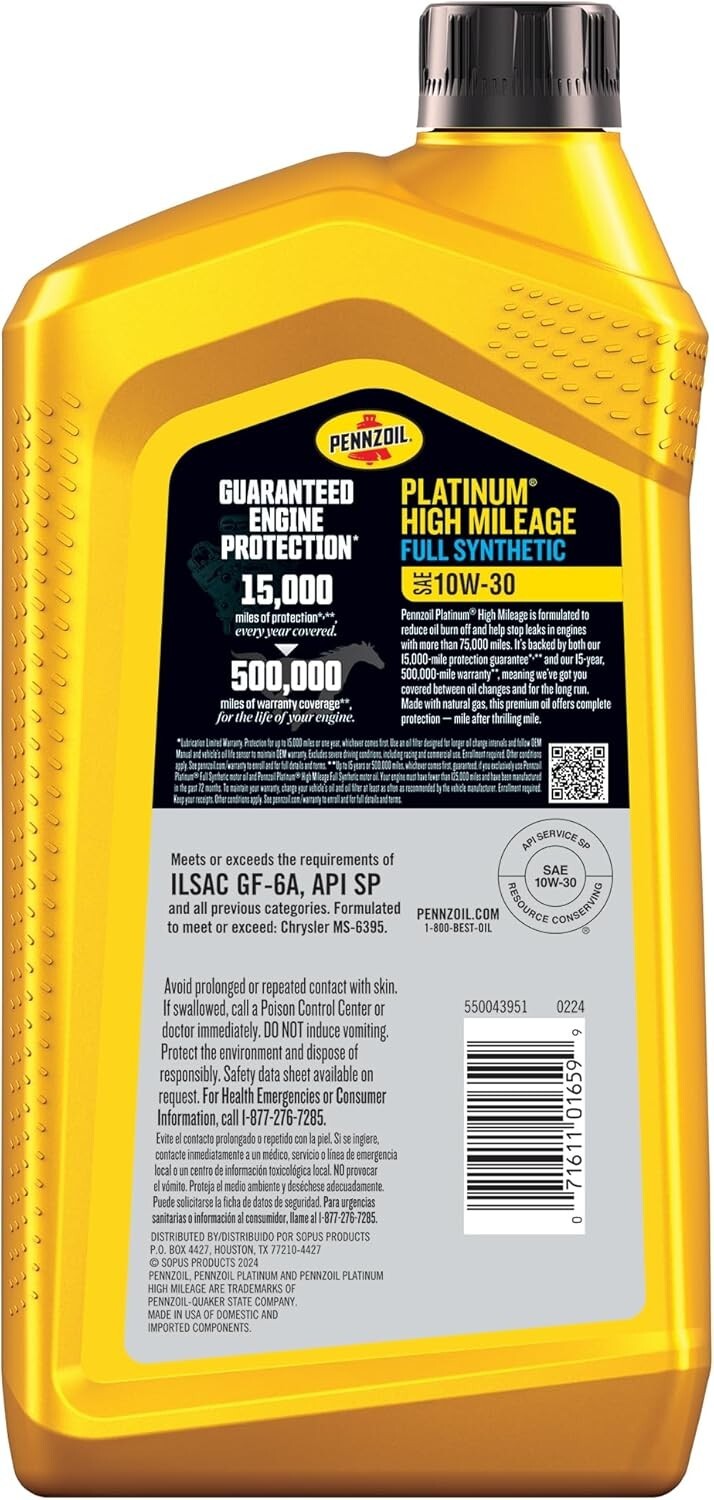 High Mileage Full Synthetic 10W-30 Motor Oil 6 Pack - Maximize Engine Protection