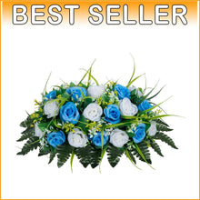 Load image into Gallery viewer, Elegant Artificial Cemetery Flowers Saddle - Light Blue &amp; White Rose Decor
