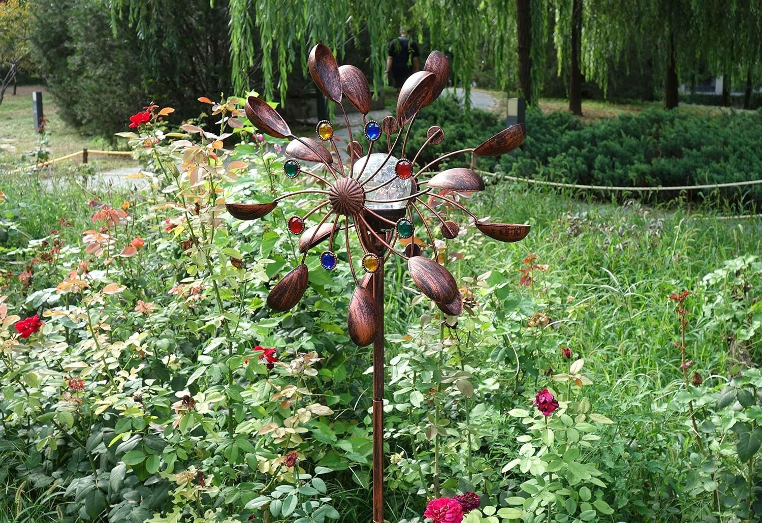 Bronze Solar Wind Spinner - 75-Inch Kinetic Sculpture with Color-Changing LED