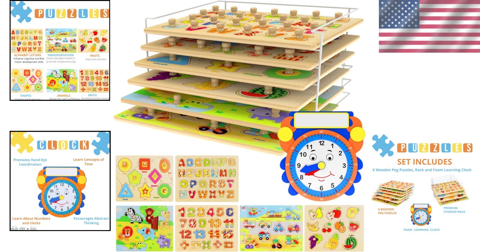 Fun Educational Wooden Puzzles for Toddlers - 7 Themes with Clock & Storage Rack