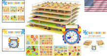 Load image into Gallery viewer, Fun Educational Wooden Puzzles for Toddlers - 7 Themes with Clock &amp; Storage Rack
