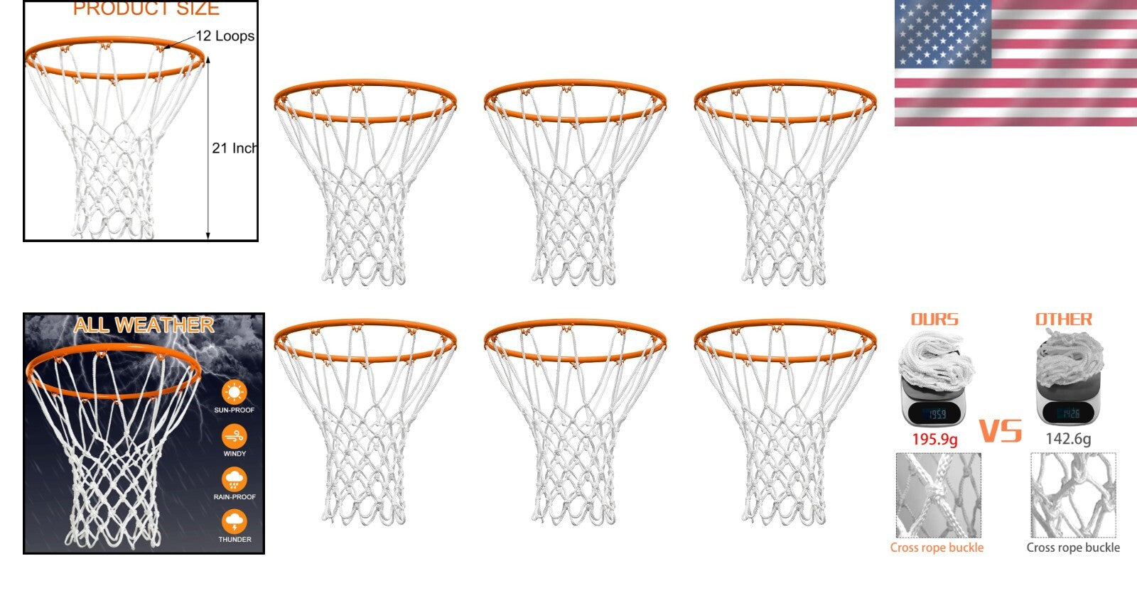 Durable Polyester Basketball Net Replacement - 6 Pcs for 21" Indoor/Outdoor Use