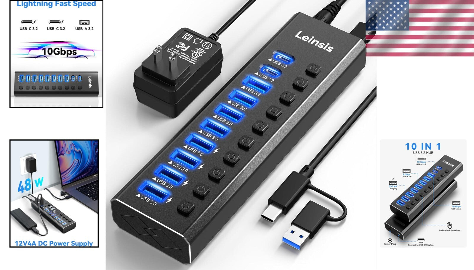 10-Port USB 3.2 Hub with Power Adapter & Individual Switches for Devices