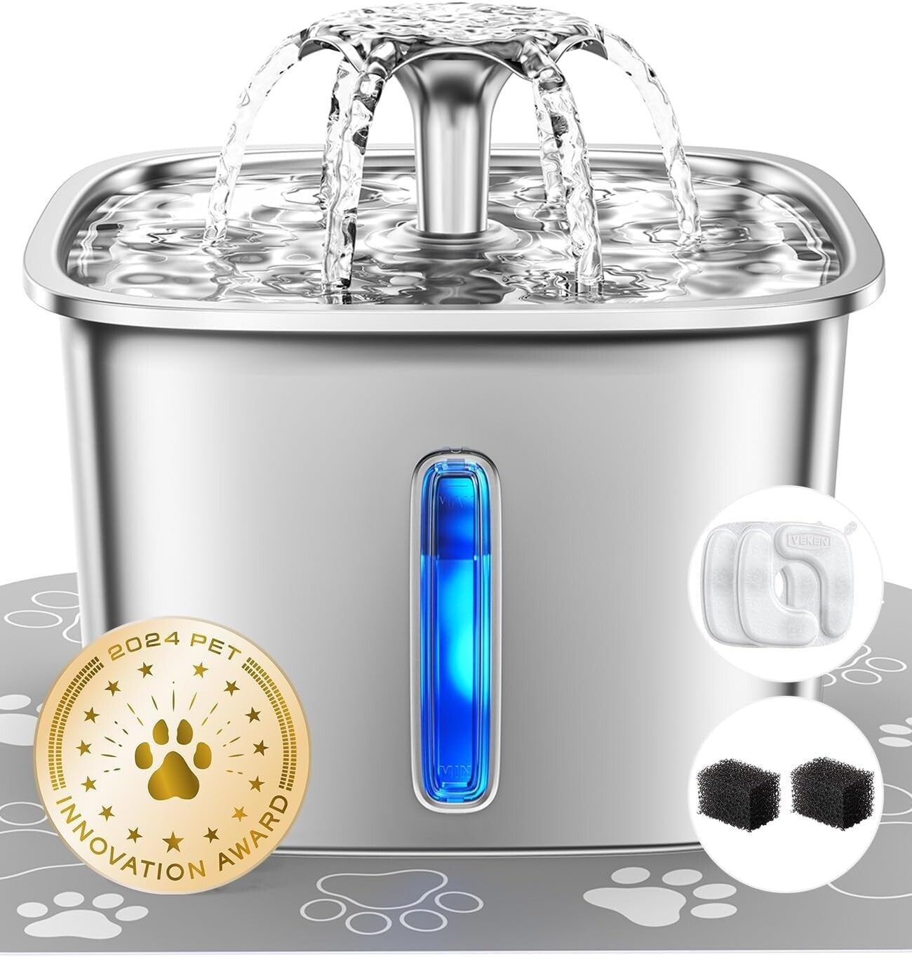 Award-Winning 2.8L Stainless Steel Cat Water Fountain with LED Light & Filters