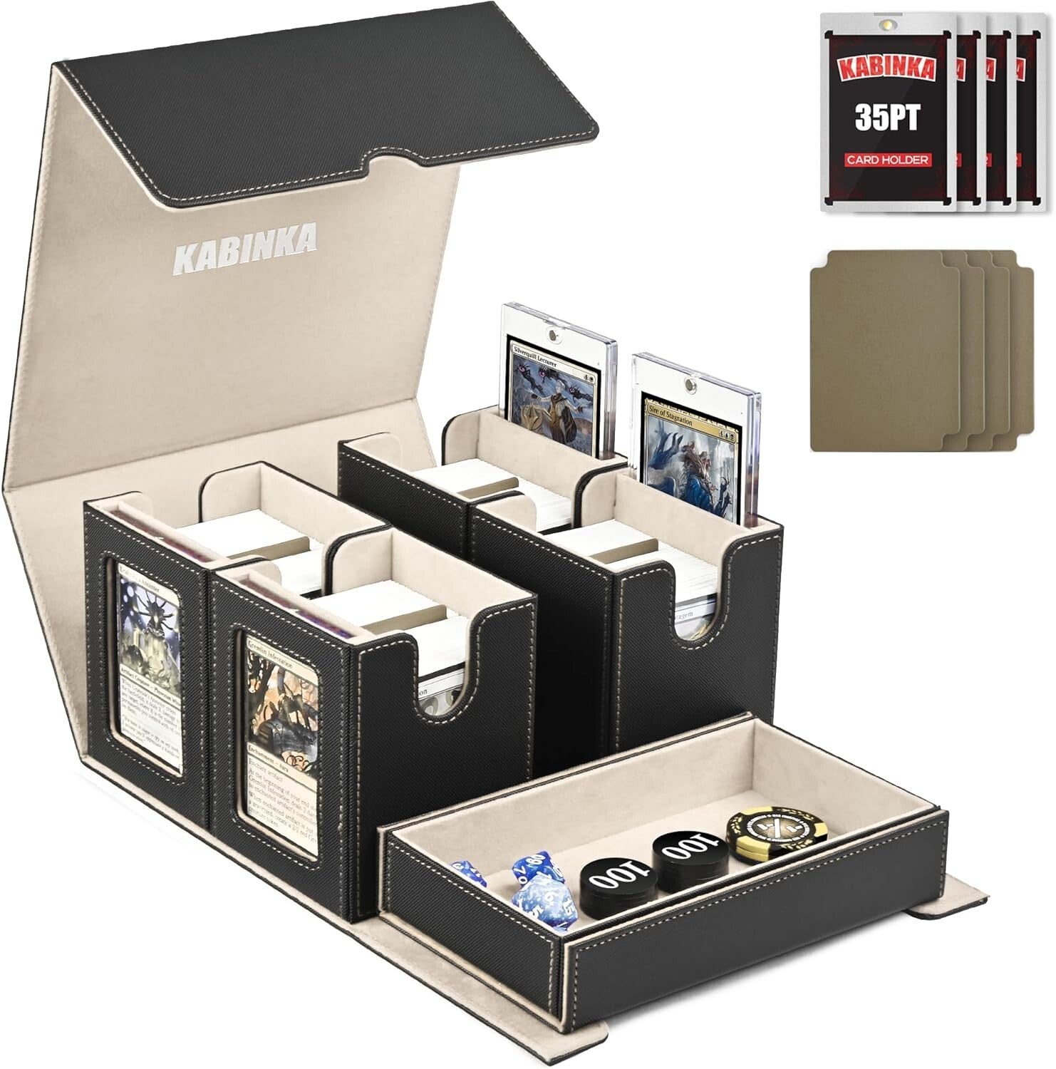 5 in 1 MTG Commander Card Deck Box - Black Gold, Fits 400+ Cards, Dice Tray