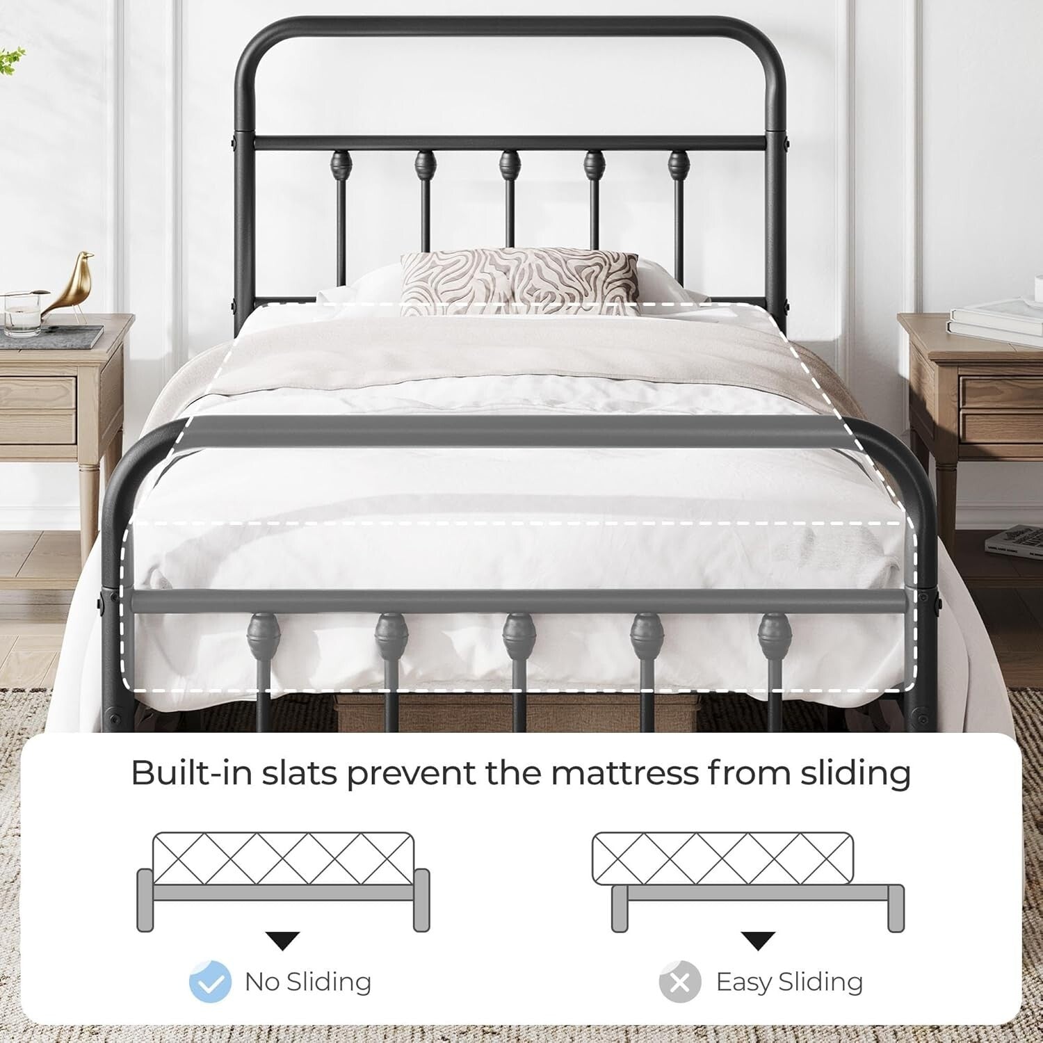 Twin Iron Metal Bed Frame with Victorian Style and Under-Bed Storage - Black