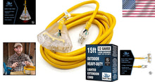 Load image into Gallery viewer, Weather-Resistant 15ft 12 Gauge Extension Cord with 3 Outlets - Lighted Design