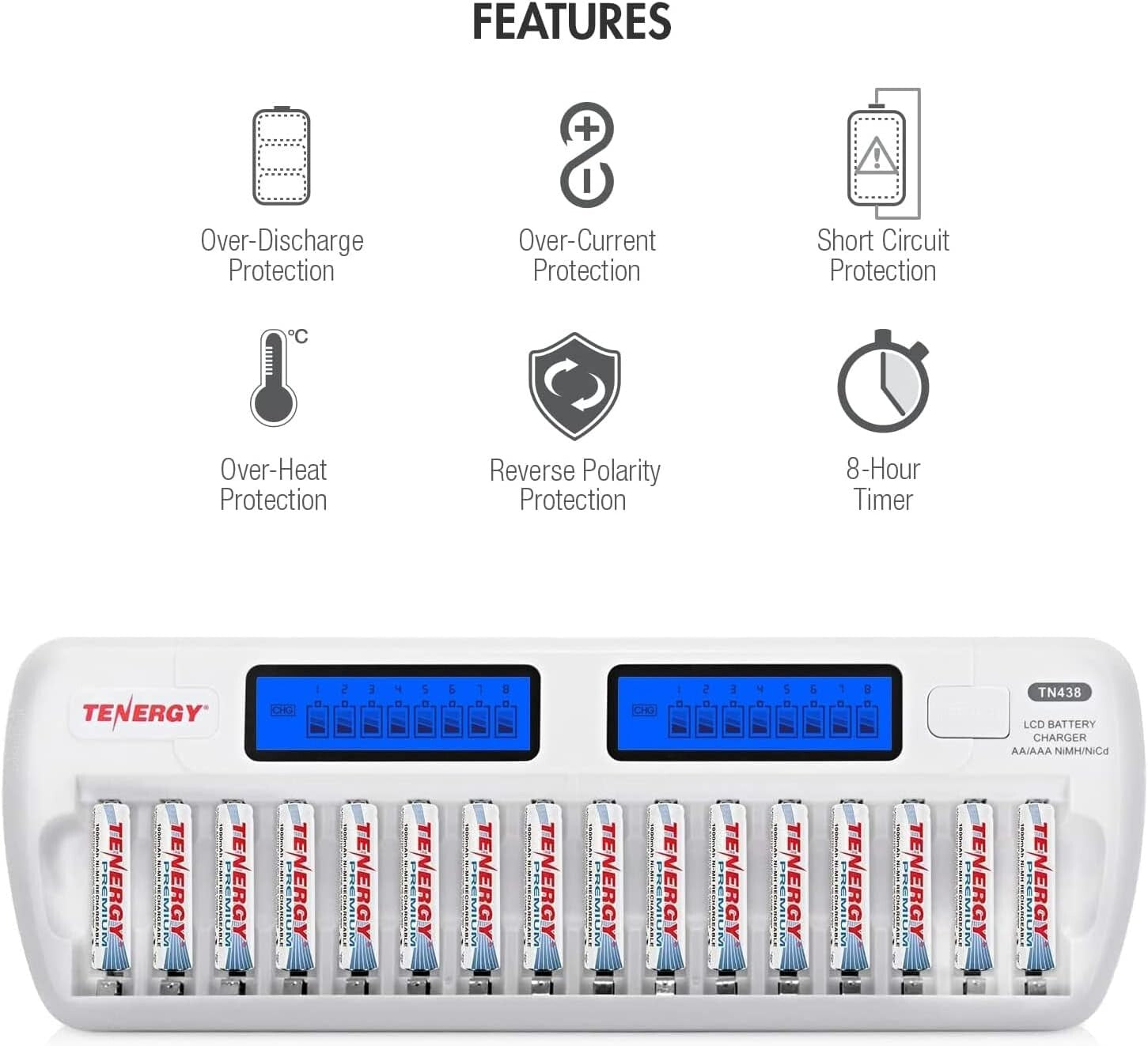 Advanced 16-Bay Charger w/LCD + 16 Rechargeable AA AAA Batteries for All Devices